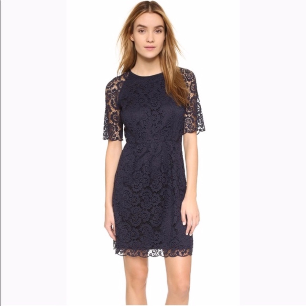 Madewell Magnolia Lace Dress 10 Floral Navy‎ Blue Short Sleeve Crochet Sheer